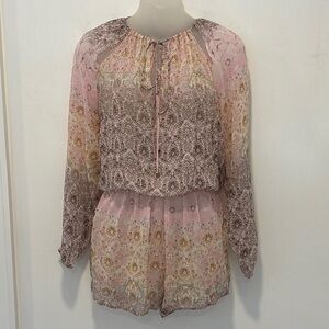 SINESIA KAROL Brazil Pink and Brown Sheer Floral Silk Short's Romper Medium